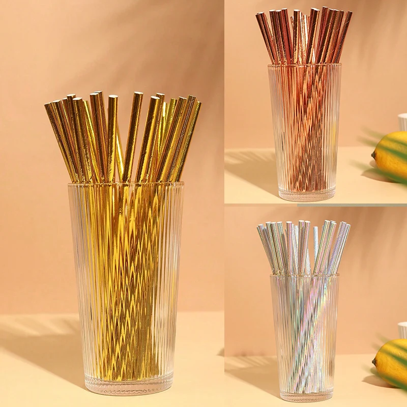 25pcs Solid Color Paper Straws - Disposable Drinking Gold Straws For Birthday, Anniversary, Wedding, For Restaurants/Cafes