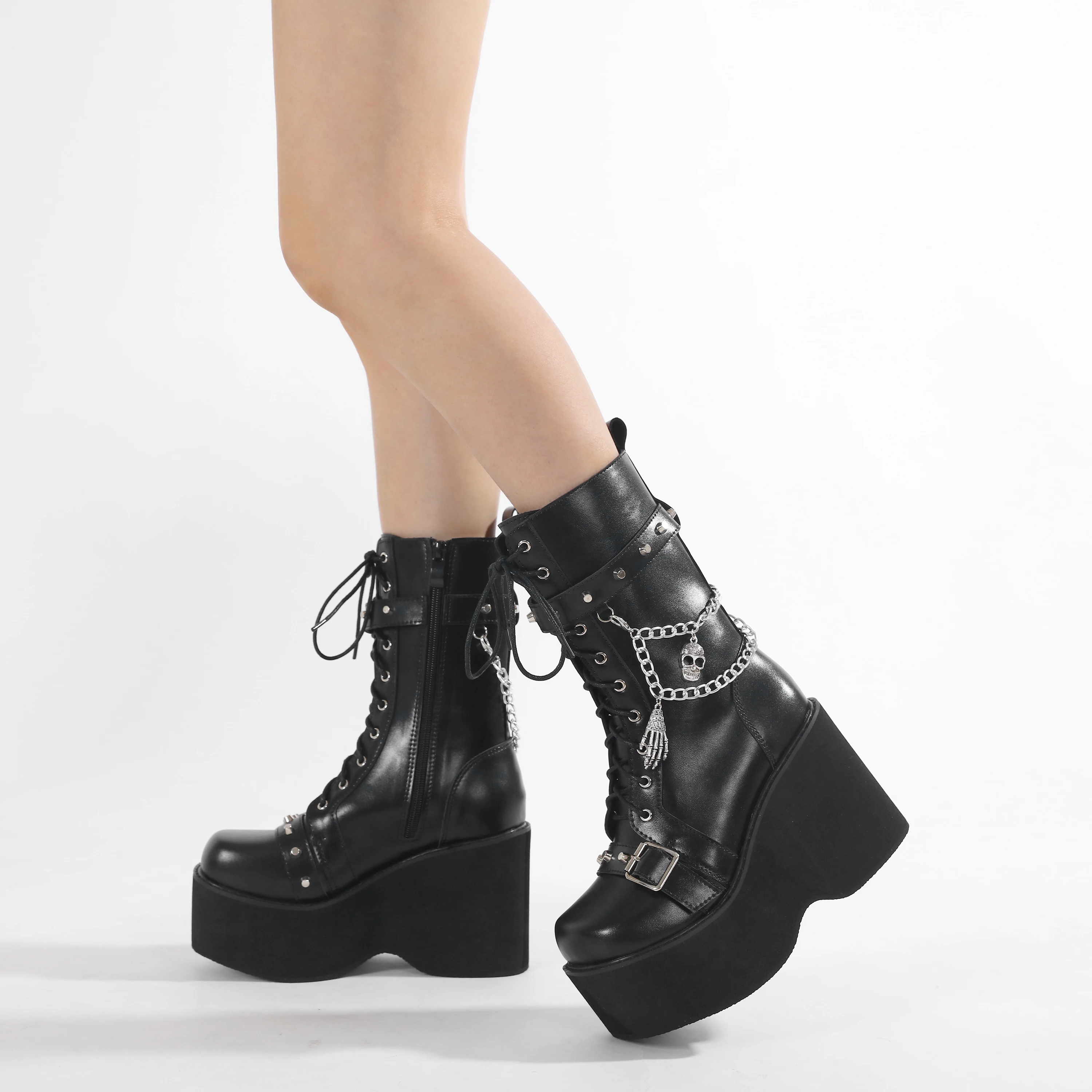 Plus Size 43 Spring Autumn Women Boots with Chain Wedges Platform Boots Punk Skull Goth INS Women Cosplay Shoes Combat Boots