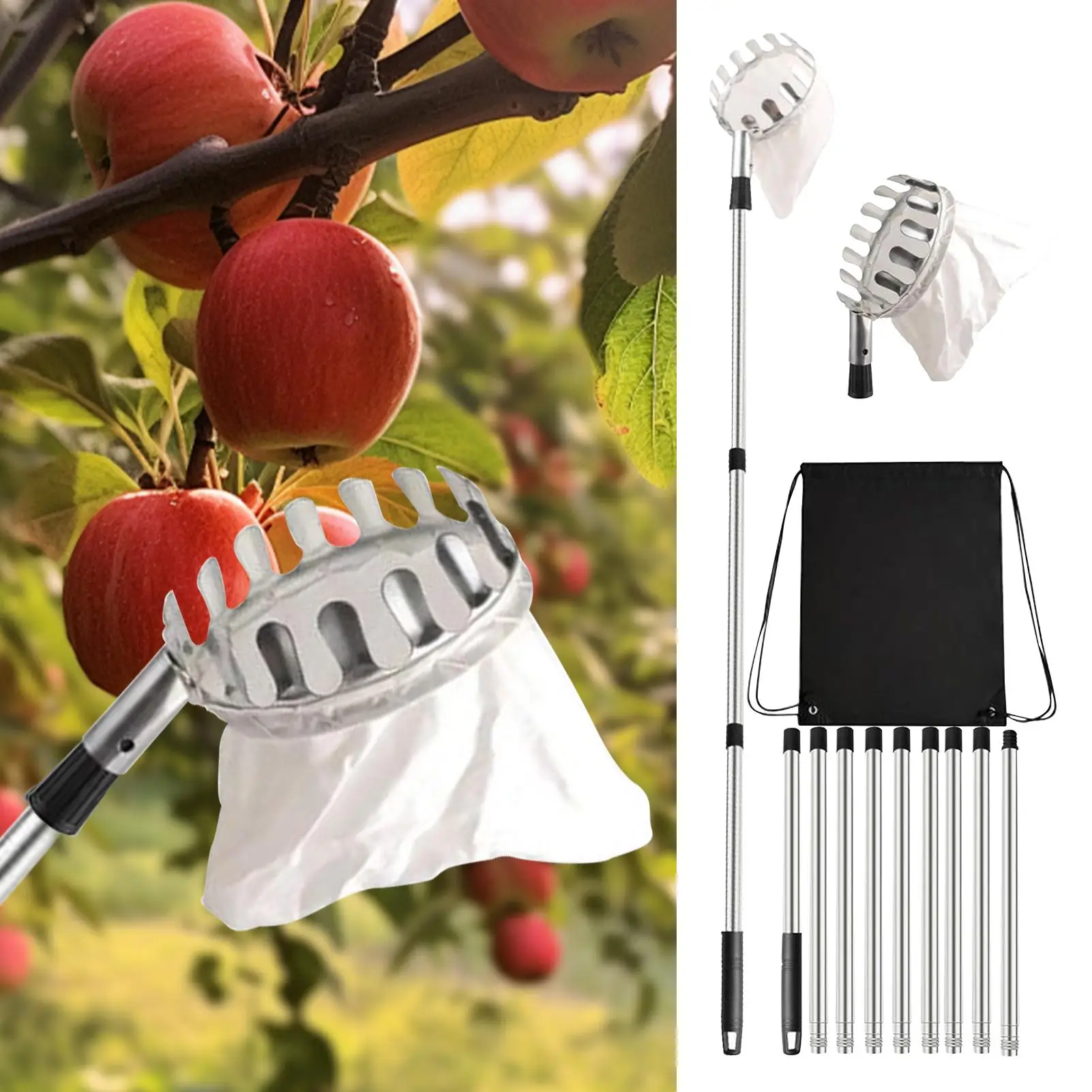 Fruit Picker Pole Telescoping Harvesting Equipment 3.3-13ft Adjusting Fruit Picker For Mango Lemon Orange Pear Cherry Farm
