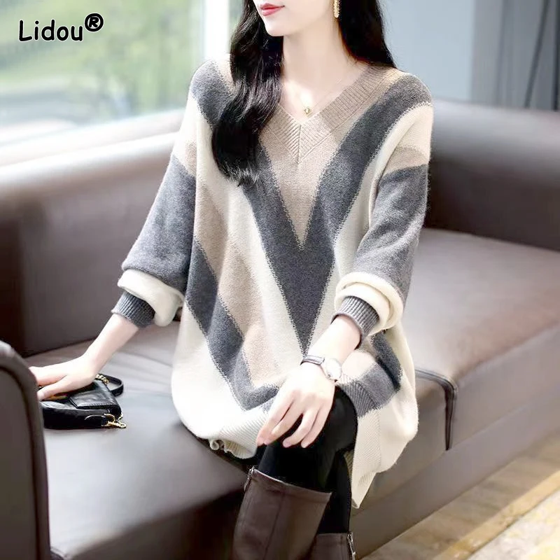 

Новинка 2023, модный тренд на осень и зиму, Свободный Повседневный женский свитер с длинным рукавом и V-образным вырезом, с запахом, с подходящим цветом