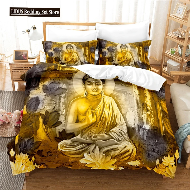 Buddha Statue Duvet Cover Set 3D Digital Printing Gold Queen King Size Bedding Set For Kids Boys Girls Polyester Comforter Set