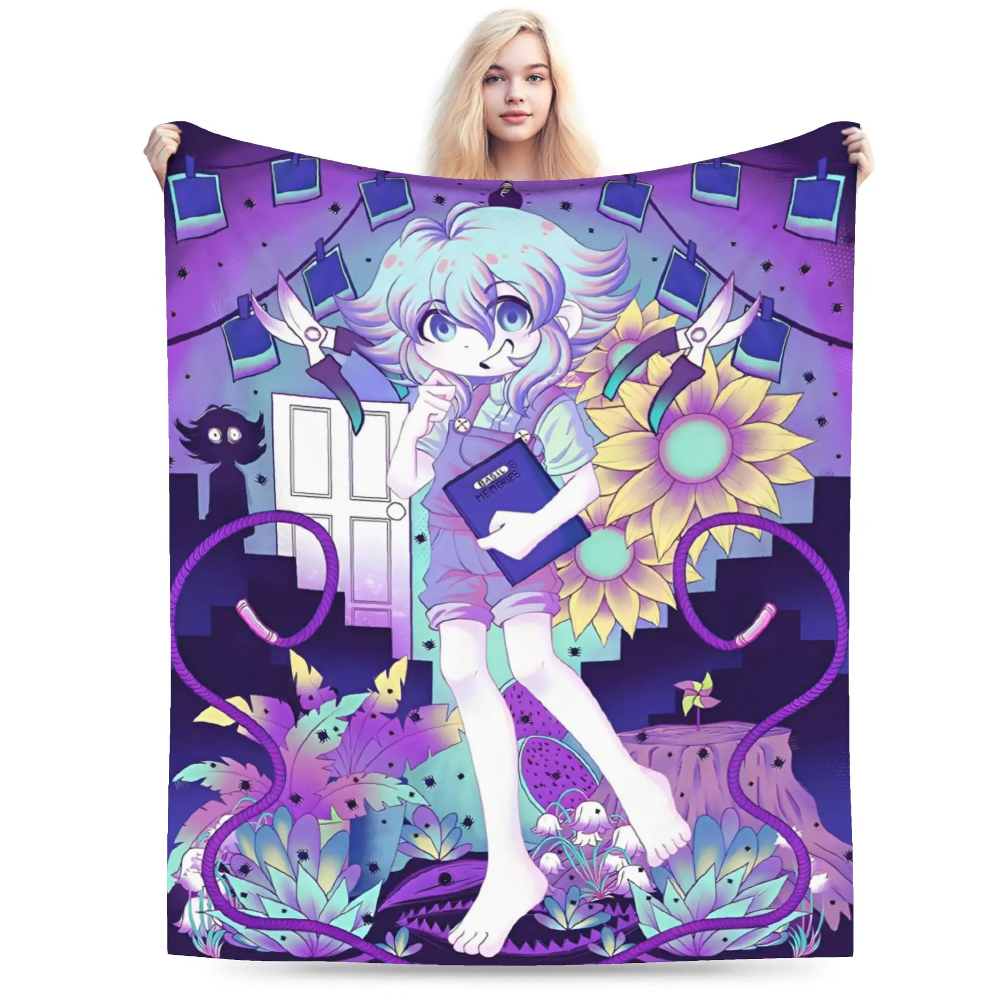 Anime Basil Sunny Omori Game1 Flannel Blanket  Soft Durable Throw Blanket for Couch Bed Picnic Graphic Bedspread Sofa Bed Cover