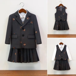 Girls Butterfly Embroidery Formal Suit Blazer Skirt with Shirt for Kids School Daily Party Holiday Performance Outfit 2-12 Years