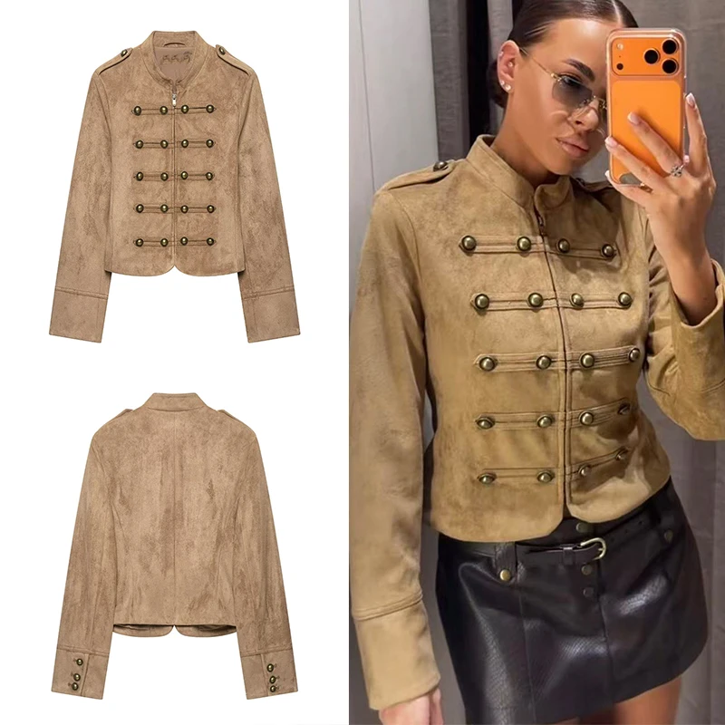 Guobioziy 2026 Early Fall Women Cropped Outerwear Stand Collar Decorative Metal Buttons Shoulder Tab Long Sleeve Chic Jacket