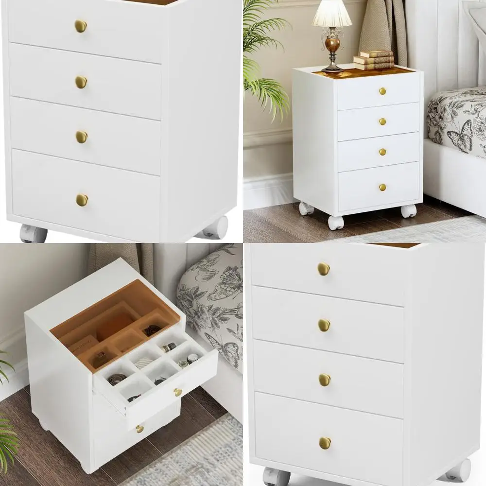 

JanlyHome Under Desk Storage, Small Chest of 4 Drawers, Home Office Vertical File Cabinet with Glass Top, Mobile Printer Stand w