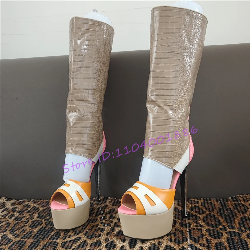 

Peep Toe Platform Knee High Boots Mixed Colors Crocodile Patterned Leather High Heels Sandals Fashion Designer Trend Women Shoes