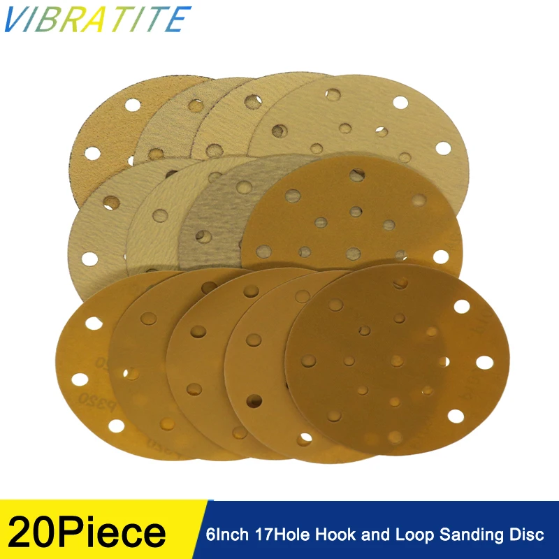 20Pcs 6 Inch Sanding Disc 17 Hole Hook & Loop Wet Dry Sandpaper for Orbital Sander 150mm Grinder Wood, Metal, Auto  Polishing