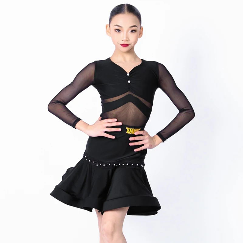 

Latin Dance Competition Costume Girl Black Performance Wear Long Sleeve Mesh Dance Dress Ruffle Skirt Children Stage Outfit 3250