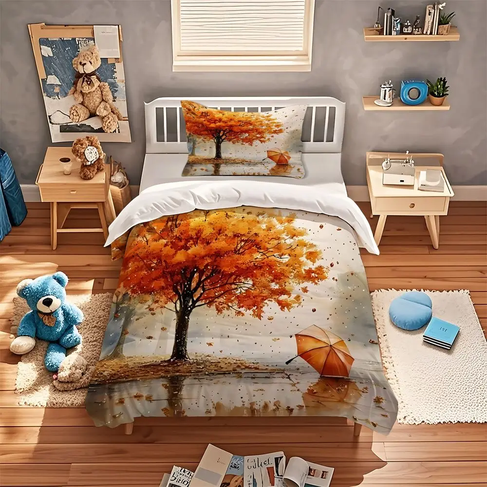 Autumn Tree Digital Print Duvet Cover Set Fire Orange Bedding Set with Umbrella Scene Microfiber Comforter Cover for Bedroom Hom