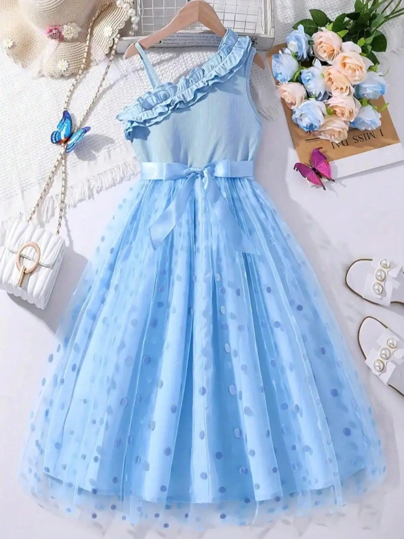 Sommer Mädchen Rüschen-Dekoration Cami Tutu Kleid Prinzessin Mesh Kinderkleid Freizeit Süßer Stil – Detail 5