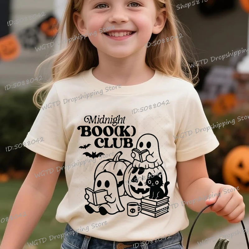 

Midnight Book Club Halloween T-shirt Vintage Cartoon Ghost Boo Pumpkin Books Cat Streetwear Fashion Cotton Tshirt for Boys Girls
