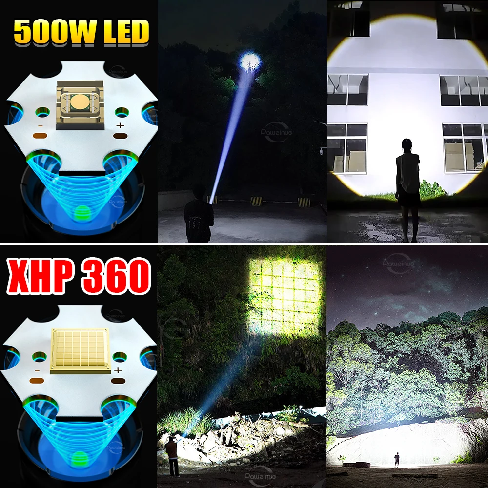 XHP360 High Power Led Flashlight 300000LM Rechargeable Powerful Flashlight 500W Ultra Powerful Torch Zoom Army Tactical Lantern