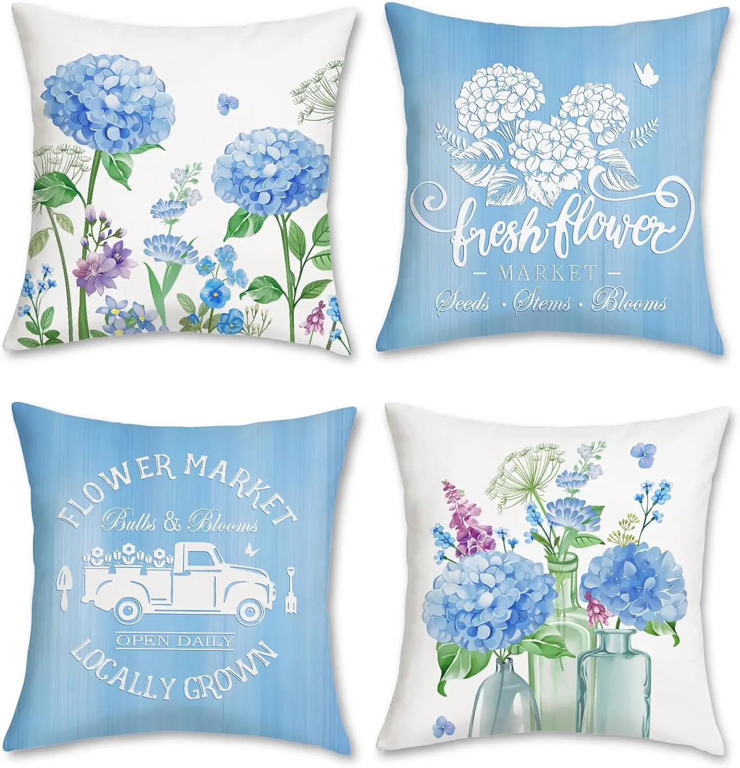 Double Sided Spring Floral Pillow Covers Set Of 4, Hydrangea Farmhouse Truck Green Leaves Blue Flowers For Couch Sofa Home Decor