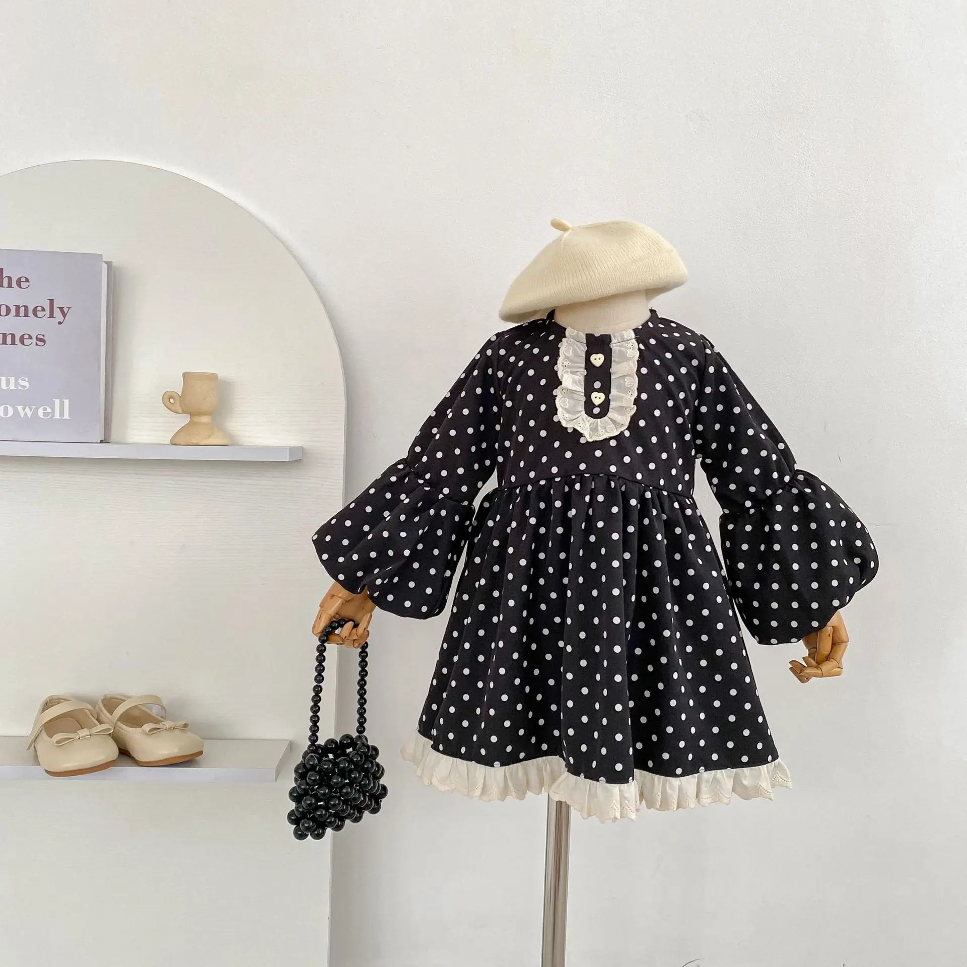 

2026 Summer New Girls Long Sleeve Dress Children Cotton Dress Baby Girl Cute Sweet Polka Dot Ruffle Splicing Dress Kids Clothes