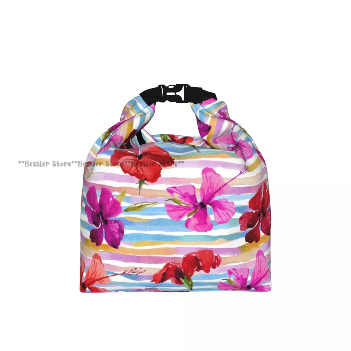 Foldable Roll-Top Thermal Lunch Bag Watercolor Floral_Tropical Flower Hibiscus Insulation Lunch Box Carrier for Picnic Hiking