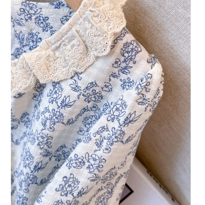 Camicie da donna con colletto quadrato floreale vintage moda primavera estate femminile Top in cotone a maniche lunghe in pizzo dolce rinfrescante tutto-fiammifero