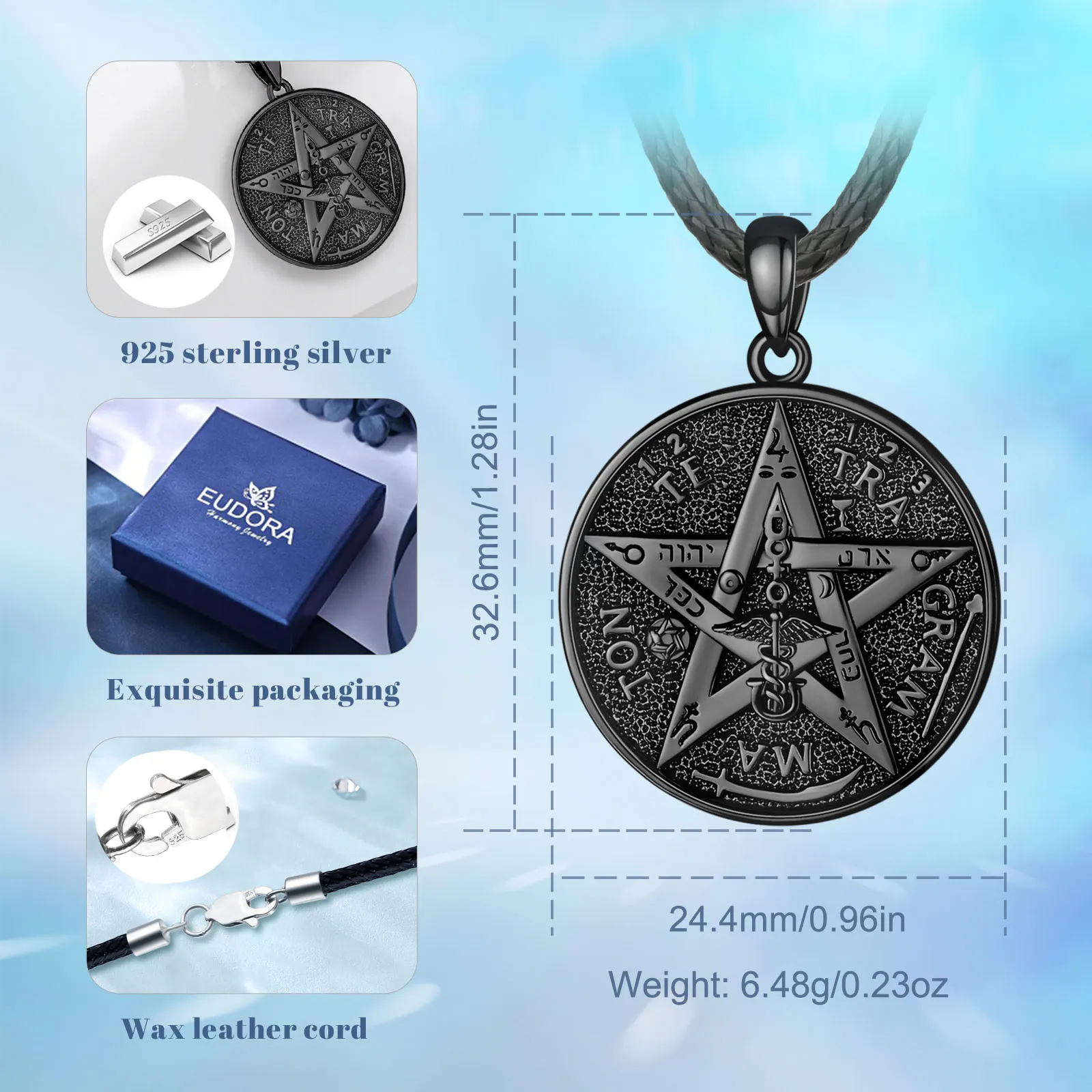 Eudora 925 Sterling Silver Pentagram Runes Necklaces for Women Man Black Amulet Guardian Star Tetragrammaton Pendant Witch Gift