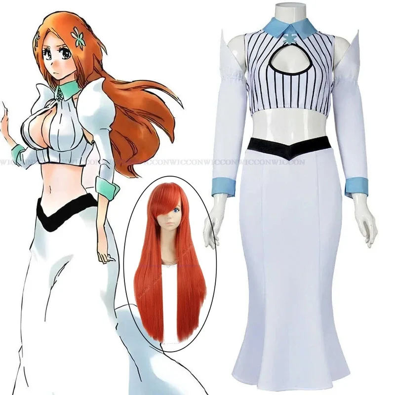 qq023Inoue Cosplay Sexy White Skirt Suit Halloween Carnival Costume Wig Kurosaki Orihime Princess Woman Roleplay