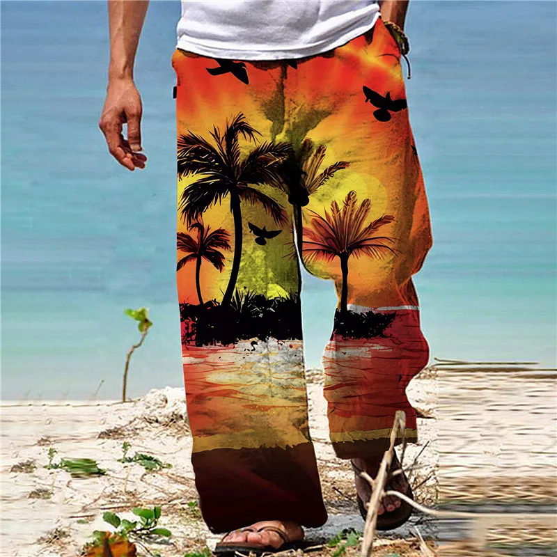 Men's Summer Fashion Wide Leg Pants Coconut Tree Print 3D Printed Loose Beach Pants Holiday Casual Wide Leg Pants