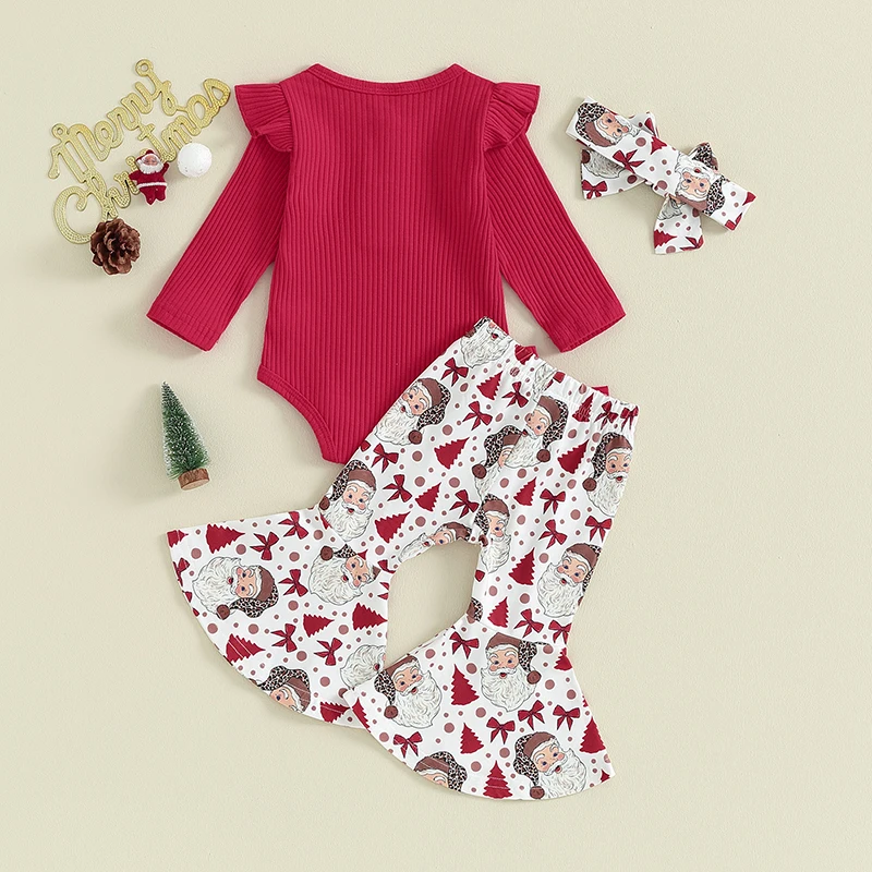 Newborn Baby Girl Christmas Outfits 3 6 12 18 Months Romper Bell-bottoms Headband Infant Girl Clothes Set