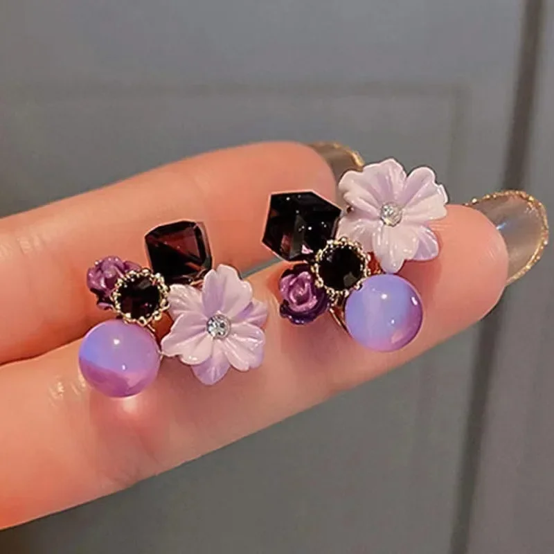 Lila Kristall Blume Ohrstecker für Frau Lila Ohrringe Koreanische Mode Hochzeit Schmuck Mädchen Eleganz Set Zubehör