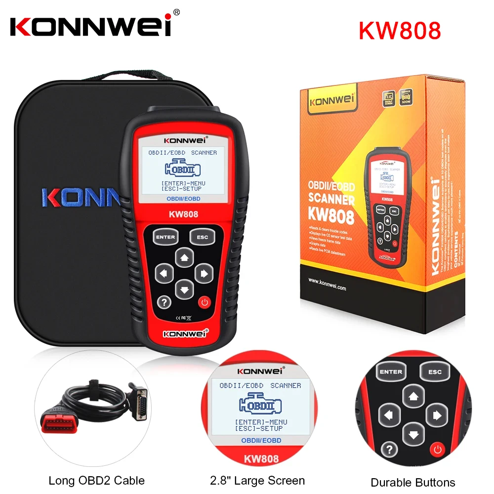 

KONNWEI KW808 OBD2 Диагностический инструмент сканера Автомобильный считыватель кодов двигателя Clears O2 Sensor Test Data для автомобилей OBD II после 1996 года