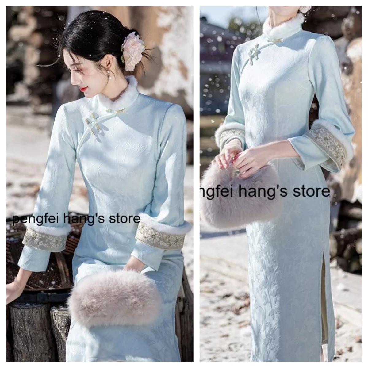 Blue Fleece Lined Suzhou Style Modified Cheongsam Women New Chinese Style Long Sleeve Youthful Premium Winter Vintage Dress