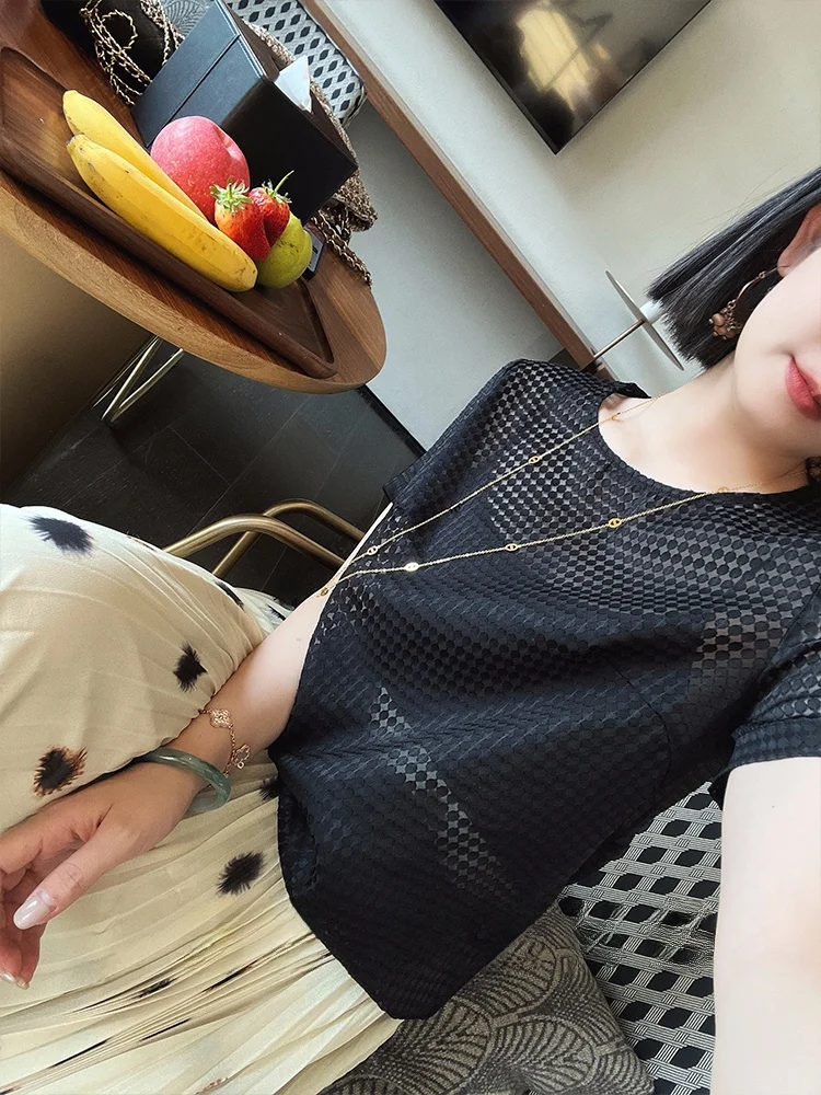 

the Meng Premium Silk T-irt Women's Summer Hollow out Design Simple Elegance ort Sve round Ne Straight Cut Top