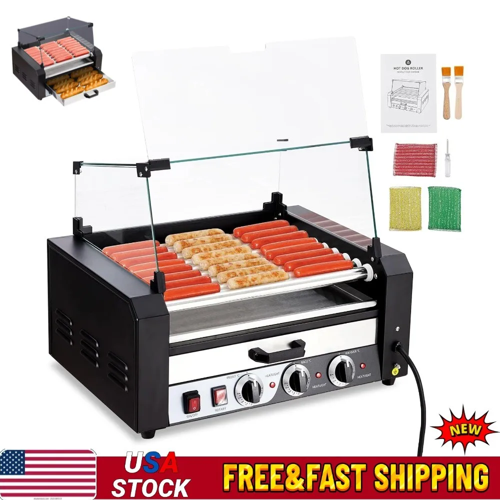 

9 Rollers Hot Dog Roller 24 Hot Dogs 1650W Sausage Grill Cooker Machine w/ Tray