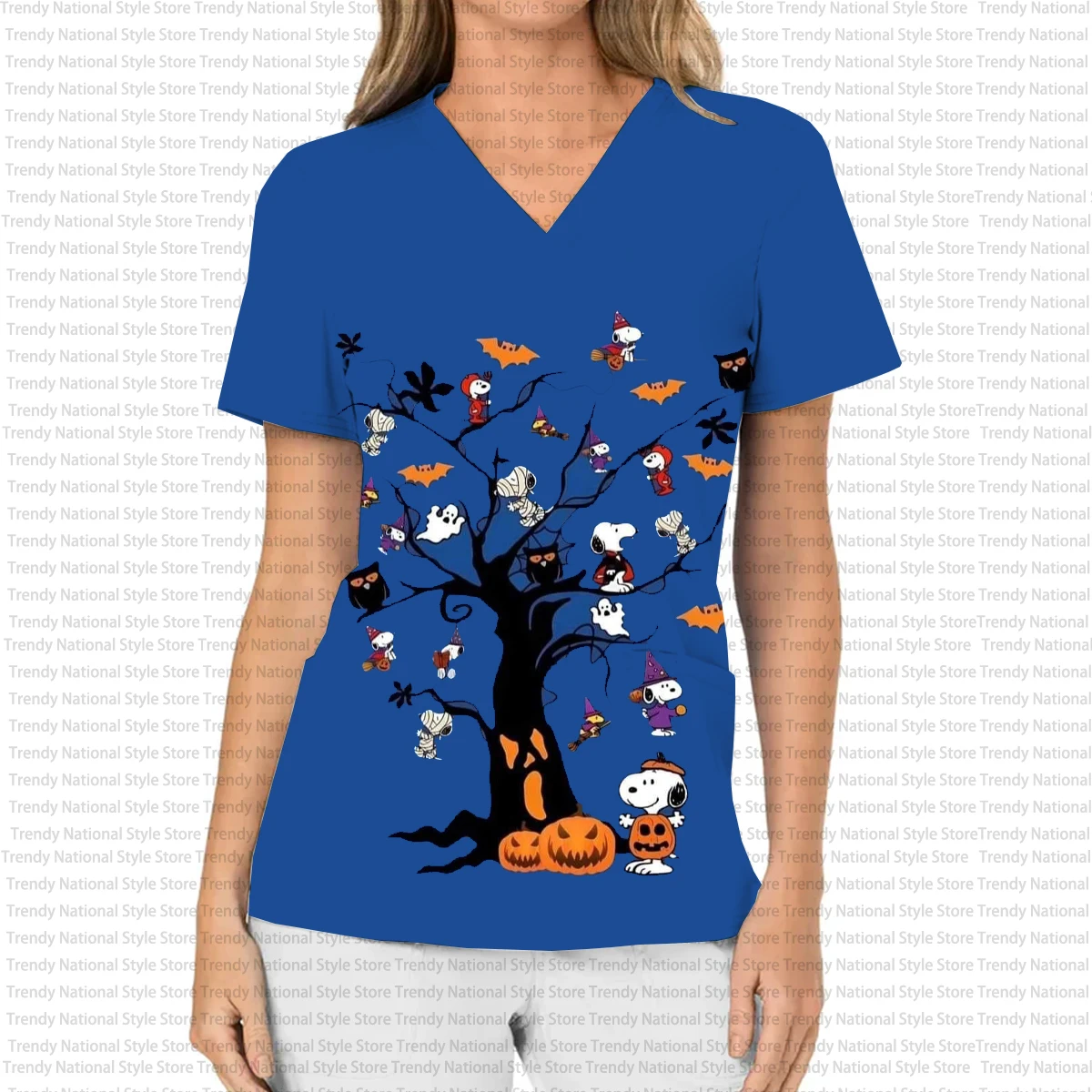 2025年新作カートゥーン風スヌーピー柄プリントレディースTシャツ、Vネック半袖ポケット付きフロストトップ、デンタルビューティーサロン、ペットショップ向けトップス