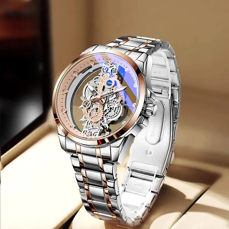 

2026 New Men's Golden Skeleton Automatic Quartz Watch Trendy Fashion Luxury Transparent Hollow Waterproof Luminous Wristwatch