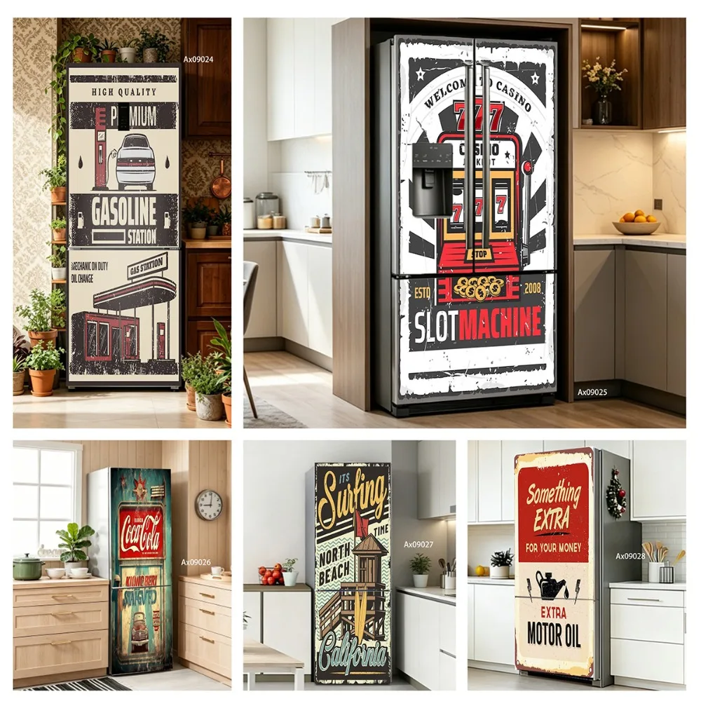 Retro Garage Diner Fridge Sticker Full Door Covered Wallpaper Self-adhesive Sticker for Wall Decals Home Wardrobe Decoration