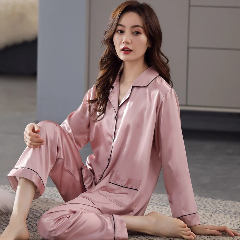 

Spring and Autumn Women Silk Pajamas Set Female Turn-down Collar Long Sleeve Home Clothes