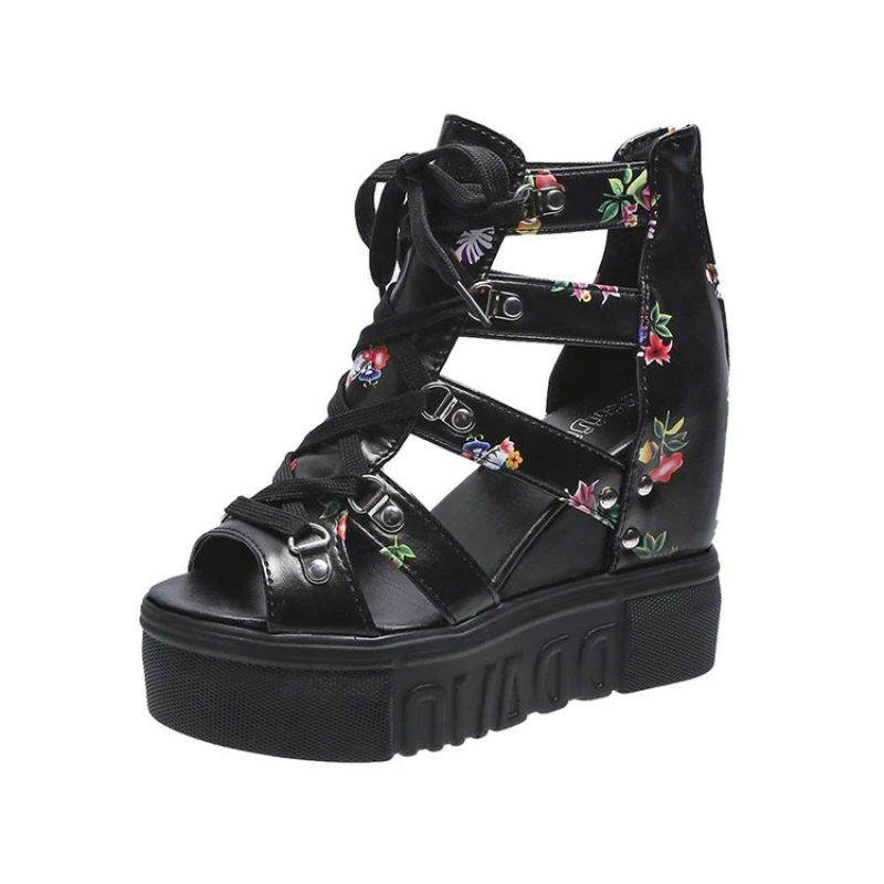 Zapatos de cuña de ocio con estampado novedoso para mujer, sandalias de verano 2023, cordones de plataforma, tacones altos, zapatos informales para mujer