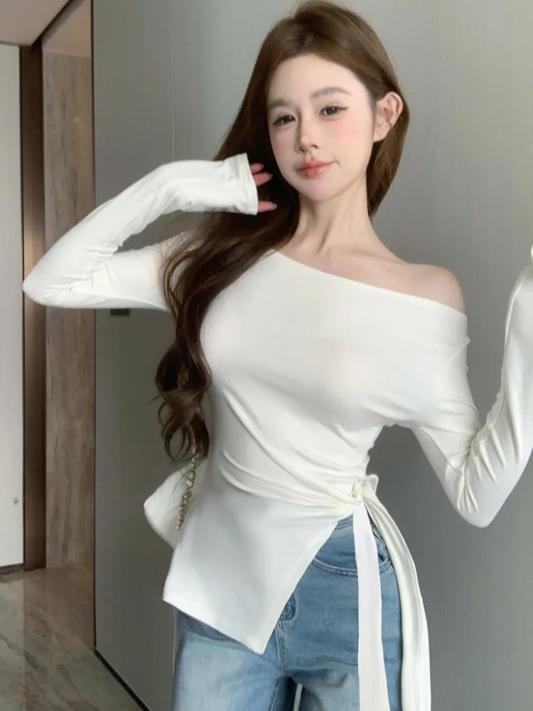 Slim Fit Long Sleeve T-Shirt Women's Korean Style Fashion Asymmetrical Side Slit One-Shoulder Base Shirt Top Pure Color