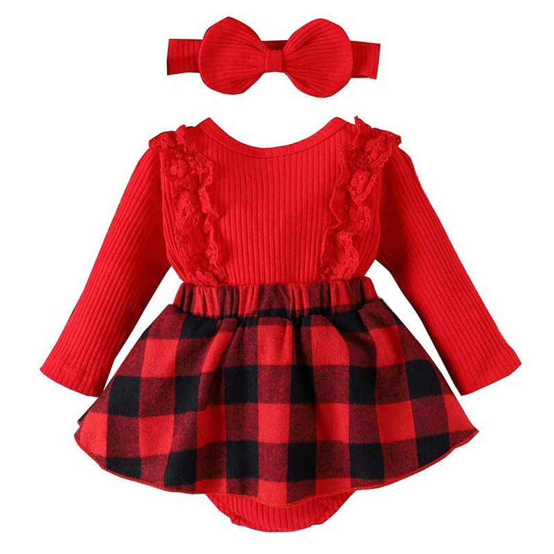 Christmas Baby Costume 0 to 12 Months Baby Girls Long Sleeves Red Ruffles Dress+ Headband Babies Christmas Dress Newborn Clothes