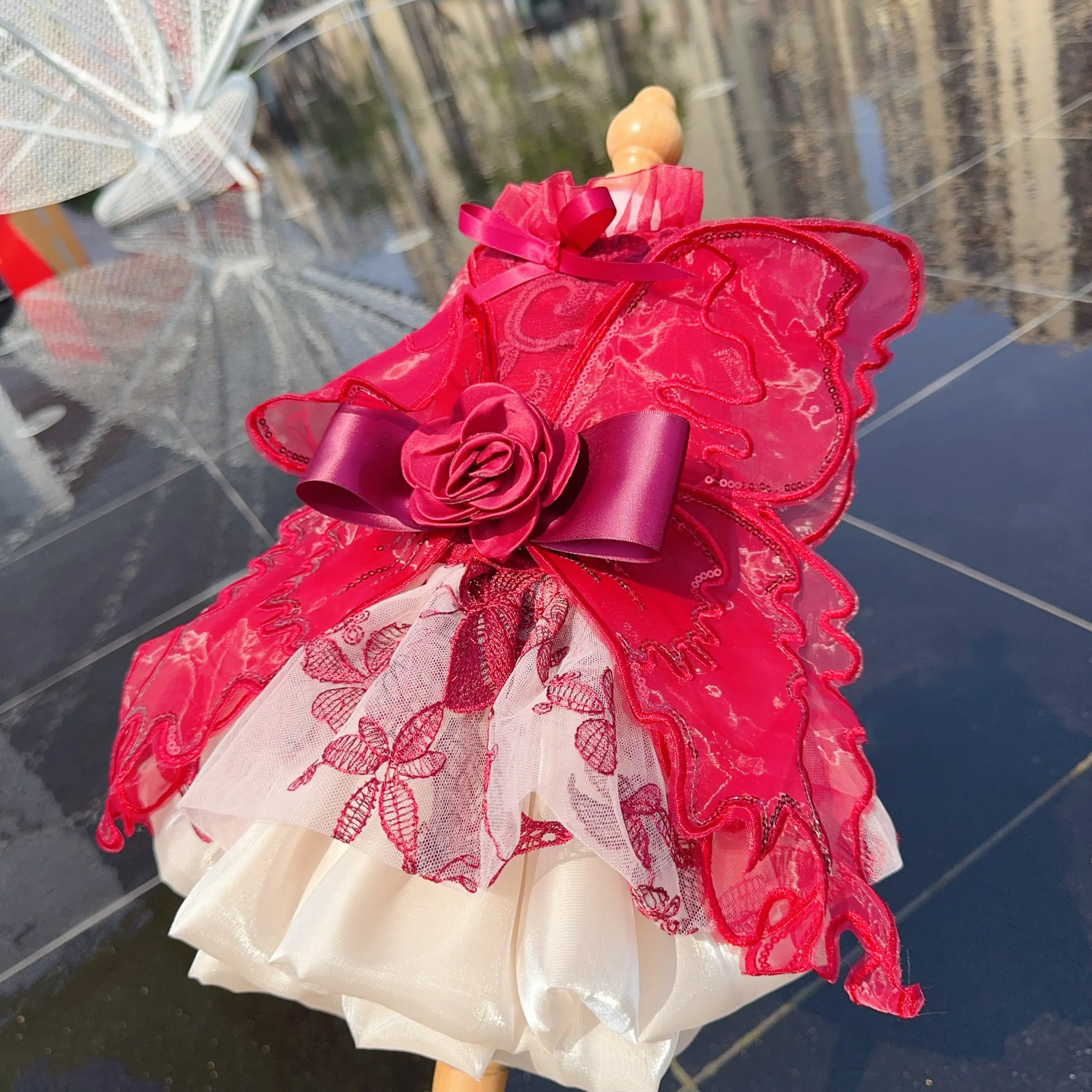Luxury Wine Red Princess Dress for Small Medium Dogs Handmade Lace Flower Butterfly Wing Bow Outfit Poodle Puppy Clothes