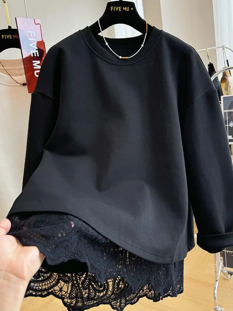 New Style Lace Splicing Fake Two-piece Pullover O Neck Sweatshirt For Women Spring Autumn Loose Top Fashion Casual Solid Hoodie