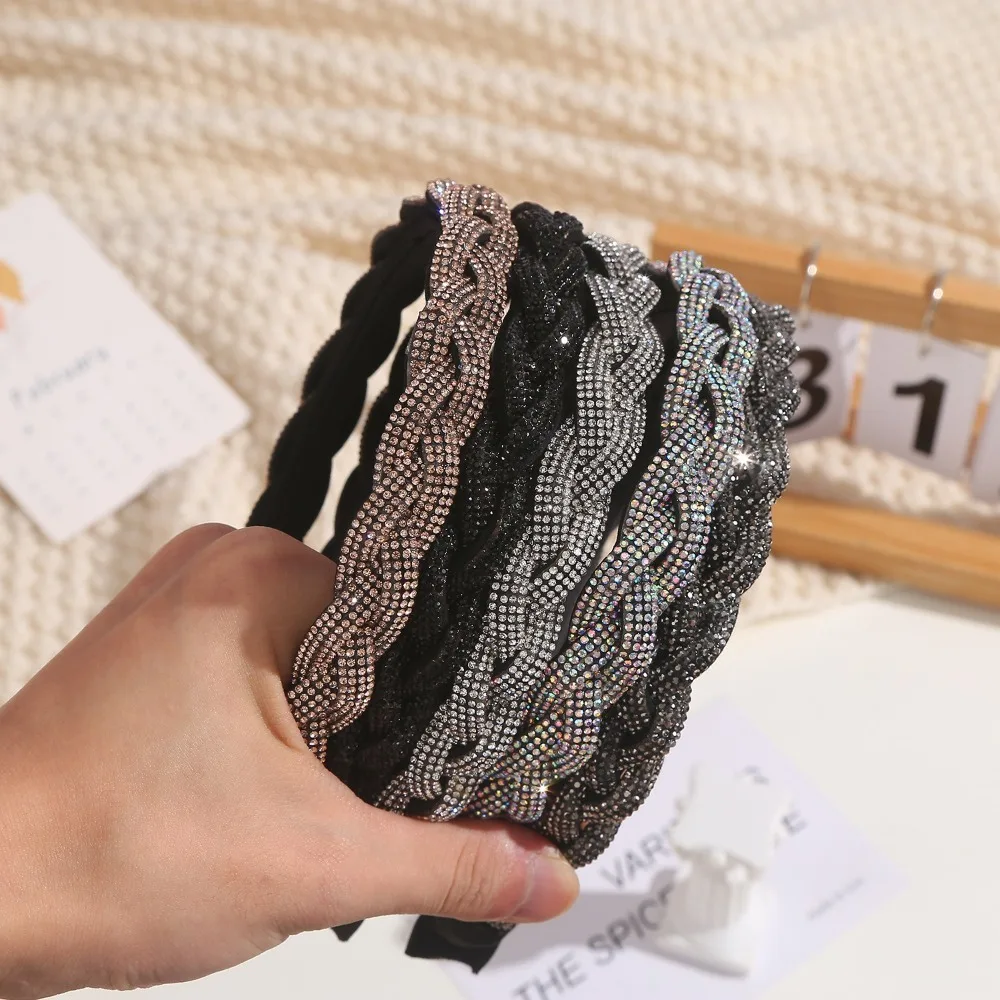 

Retro Thick Rhinestone Headband Headwear Korean Style Women Hairband Hair Accessories Shiny Twist Braid Hair Hoop Wash Face