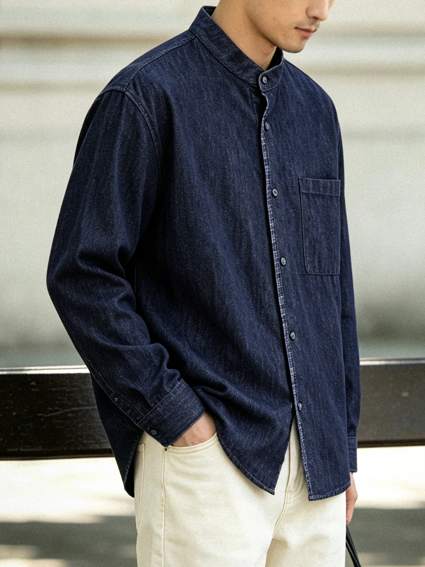 Loose Men's Denim Shirt Long Sleeve Stand Collar Spring Autumn Plaid  Casual Youth Cotton Polyester Blend Chinese Brand