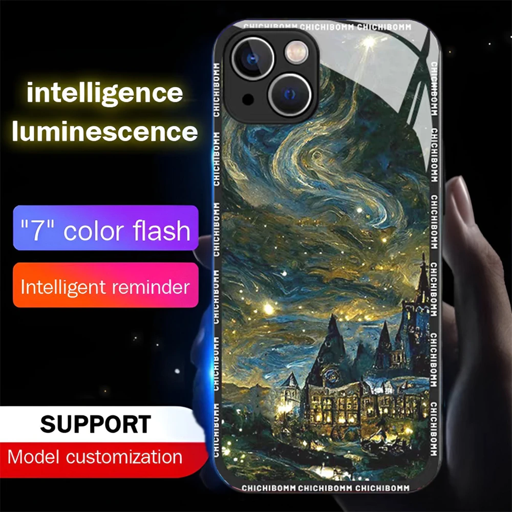Ölgemälde-Kunstdesign Schallgesteuerte LED-Blitzhüllen Leuchtende Glasabdeckung für iPhone Air 17 E 16 E 15 14 13 12 11 Pro Max Plus – Detail 9