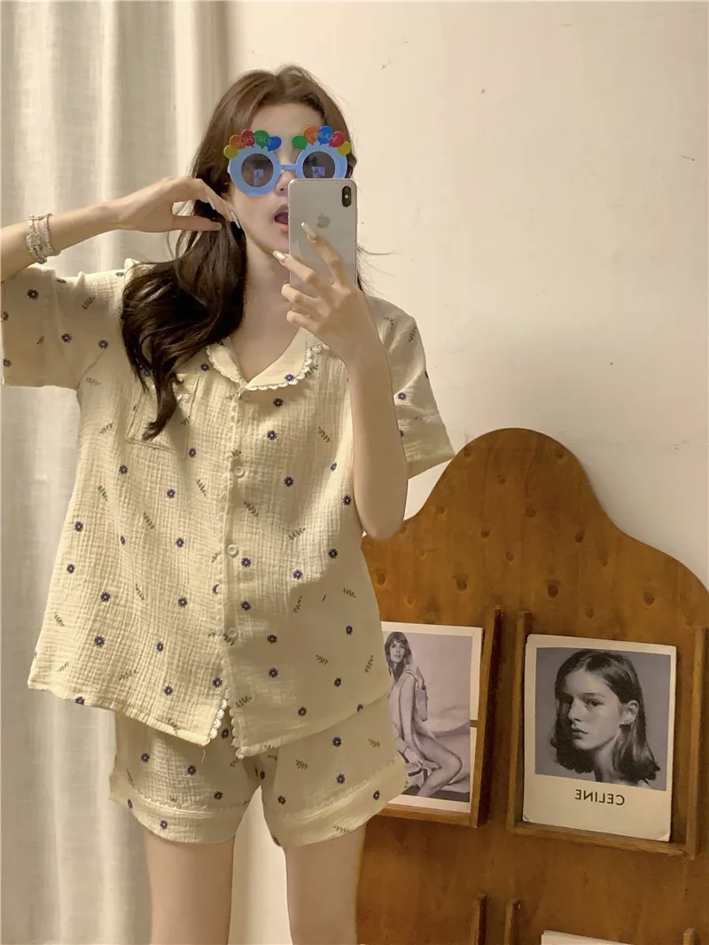 2024 yeni sevimli pijama seti kadın yaz kısa kollu hırka tatlı küçük Polka Dot baskı japon tarzı Loungewear seti