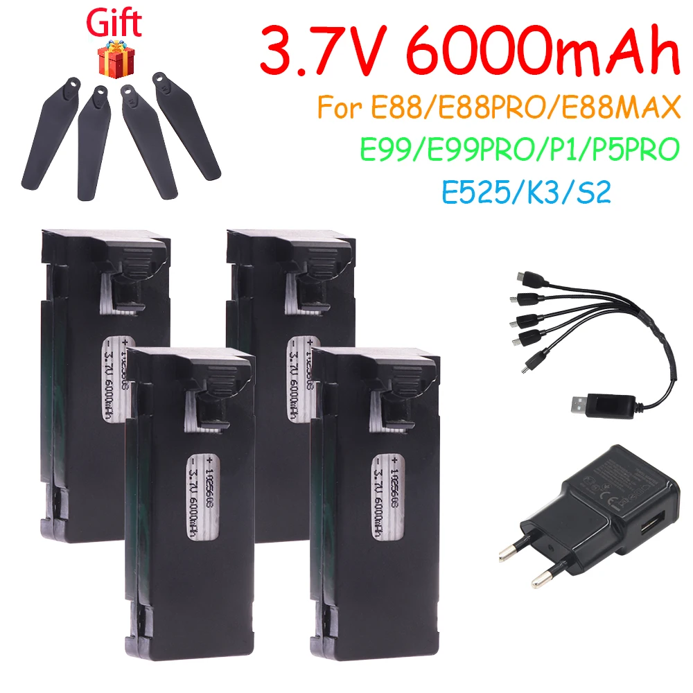 E88 Bateria e Carregador para Mini UAV Drone, Combinação de Bateria, Acessório para RC Drone, E88PRO, E99, E99Pro, LS-E525, E525PRO, 3.7V, 6000mAh