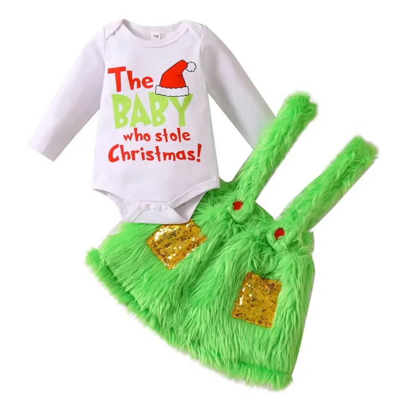 Christmas Toddle Baby Boy Girl Set vestiti Xmas Santa Infant Letter pagliaccetto Faux Fur Sling Pant gonna 2pc Outfit