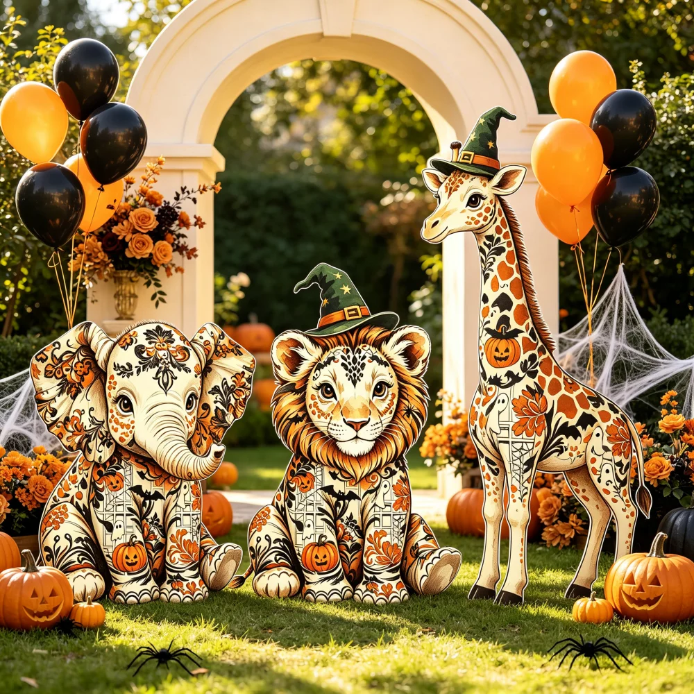 Halloween KT Board Animal Cutouts Vintage Toile Pattern Elephant Lion Giraffe Photo Props Party Background Decor