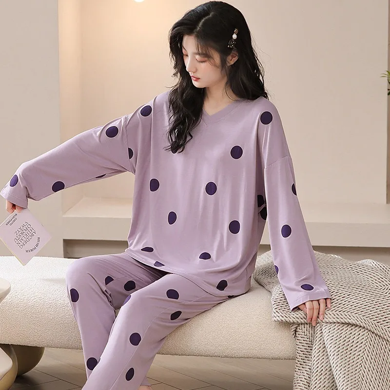 

Cute Dots Plus Size Pjamas Women Home Wear Breathable Long Sleeve Pajama Set for Lady Casual Soft Modal Sleepwear