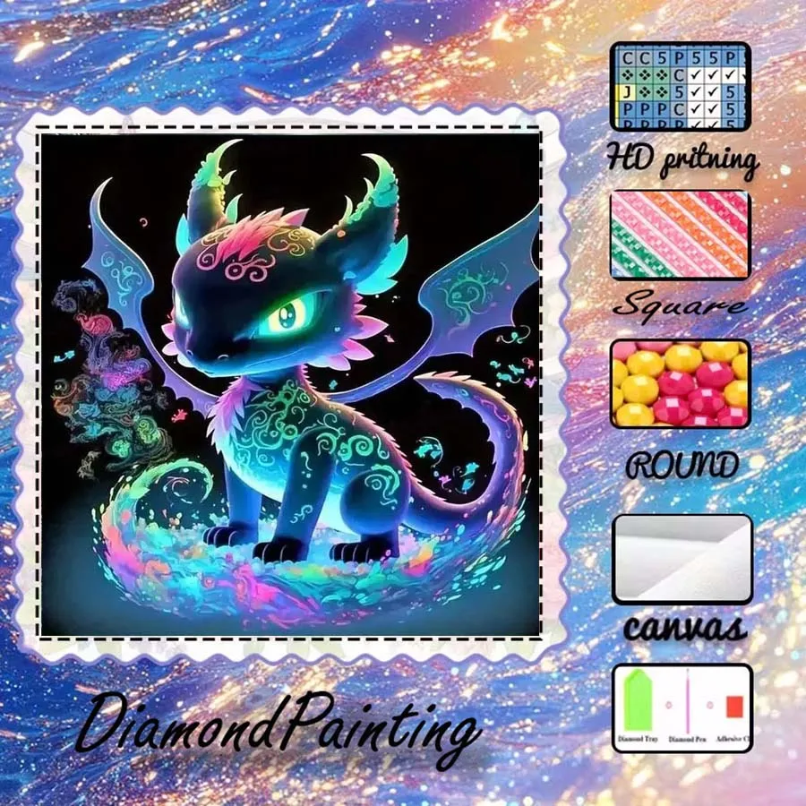 1 piece 5D DIY flocking cloth, special drill, diamond painting kit, dragon, color, pattern mosaic, diamond art