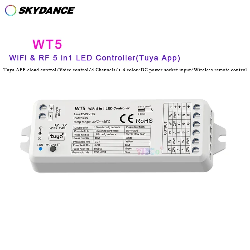 WT5 WiFi+Tuya /  WB5 Bluetooth +Tuya 5 in1 LED lights controller DC12V-24V RGB,RGBW,RGB+CCT,CCT,Single color Controller