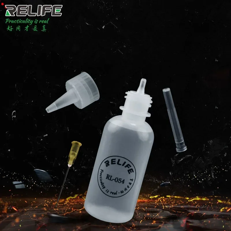 RELIFE RL-054 50ml Soldering Cleaning Clear Liquid Flux Plastic Hand Bottle Needle Tip Alcohol Oil Dispenser Cleaner DIY Repair