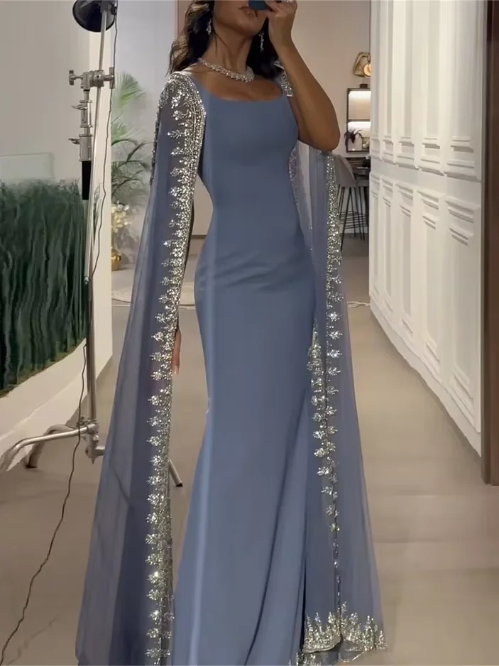 Oisslec Luxe Blauwe Zeemeermin Dubai Avondjurken Met Cape Mouwen Salie Groene Elegante Arabische Vrouwen Huwelijksfeest Gownsss445